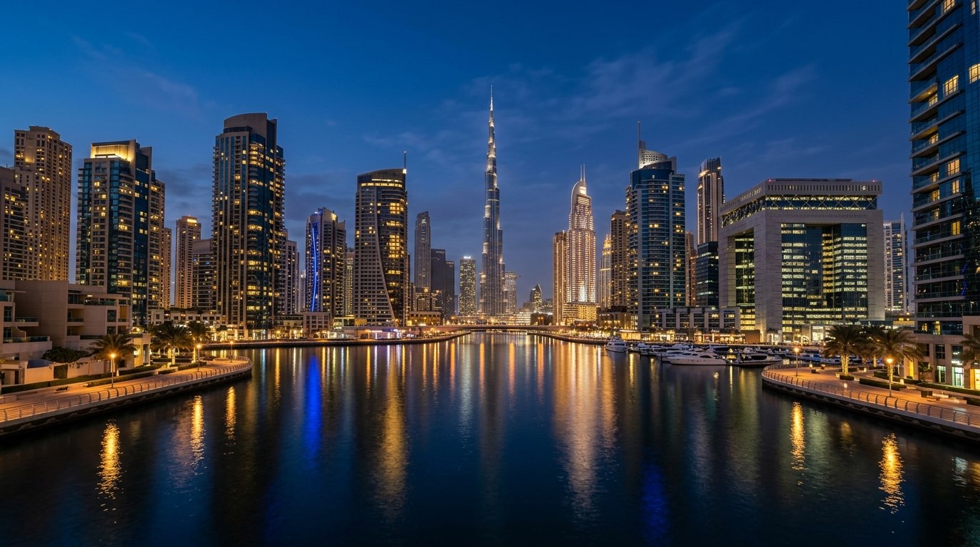 Dubai financial district skyline at dusk