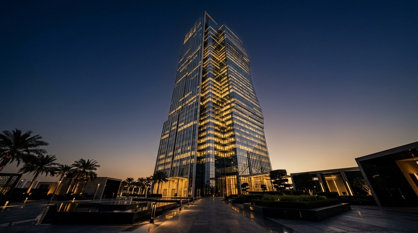 Modern Dubai investment-grade tower at dusk
